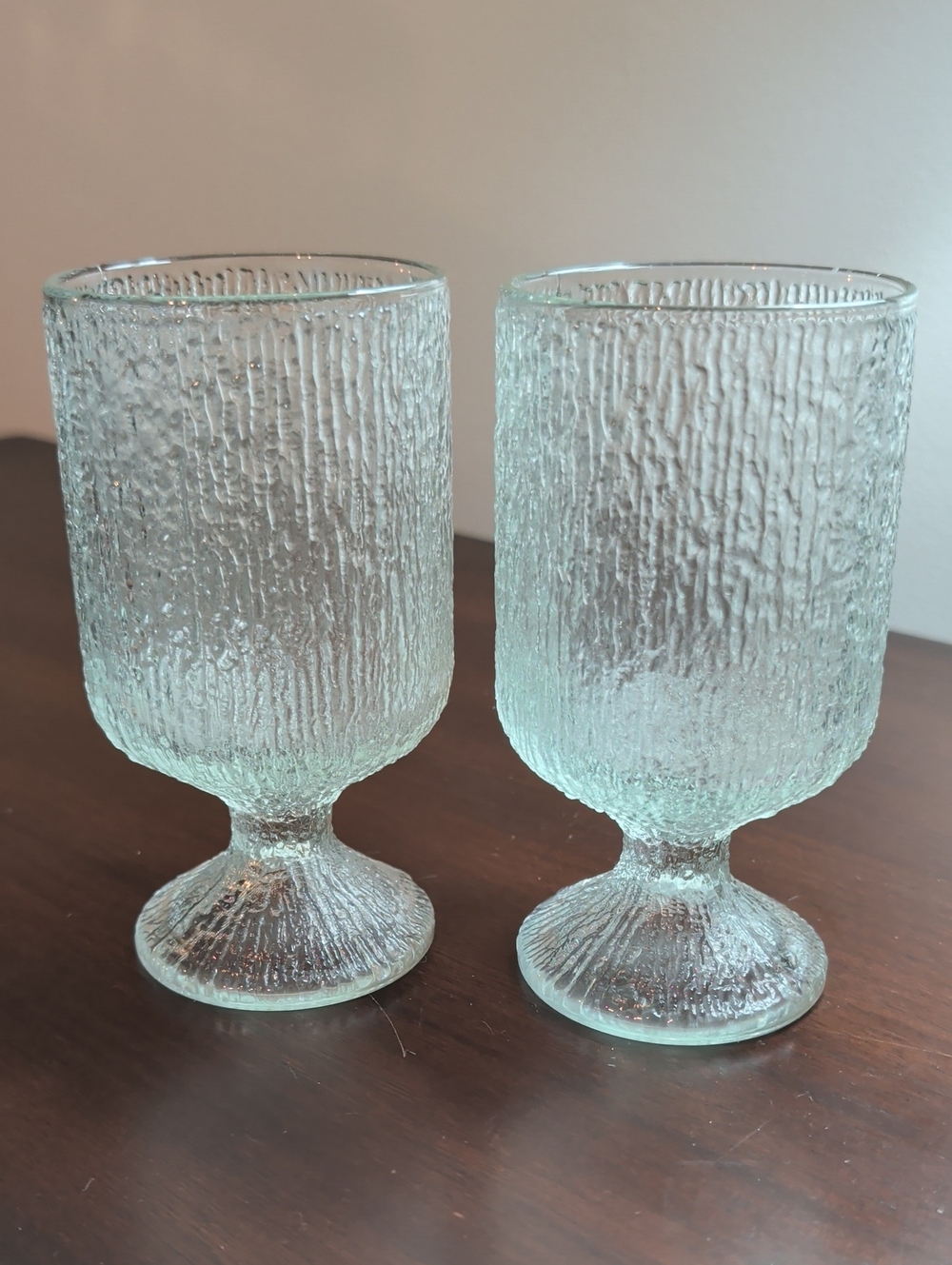 Set of 2 Vintage Footed Tumblers Crystal Ice Tree Bark by Indiana Glass